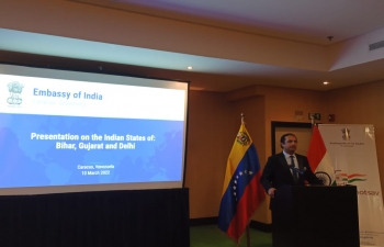 Glimpses of the event organized by the Embassy to promote trade and cultural links of state of Bihar, Gujarat and Delhi with Venezuela. Vice Ministers Hector Silva and Leticia Gomez also made presentations along with Prof. Miguel Monaco of UCAB